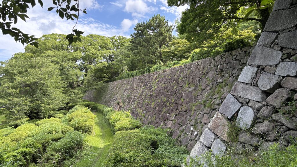 福岡城跡に残る石垣と緑豊かな城跡の風景